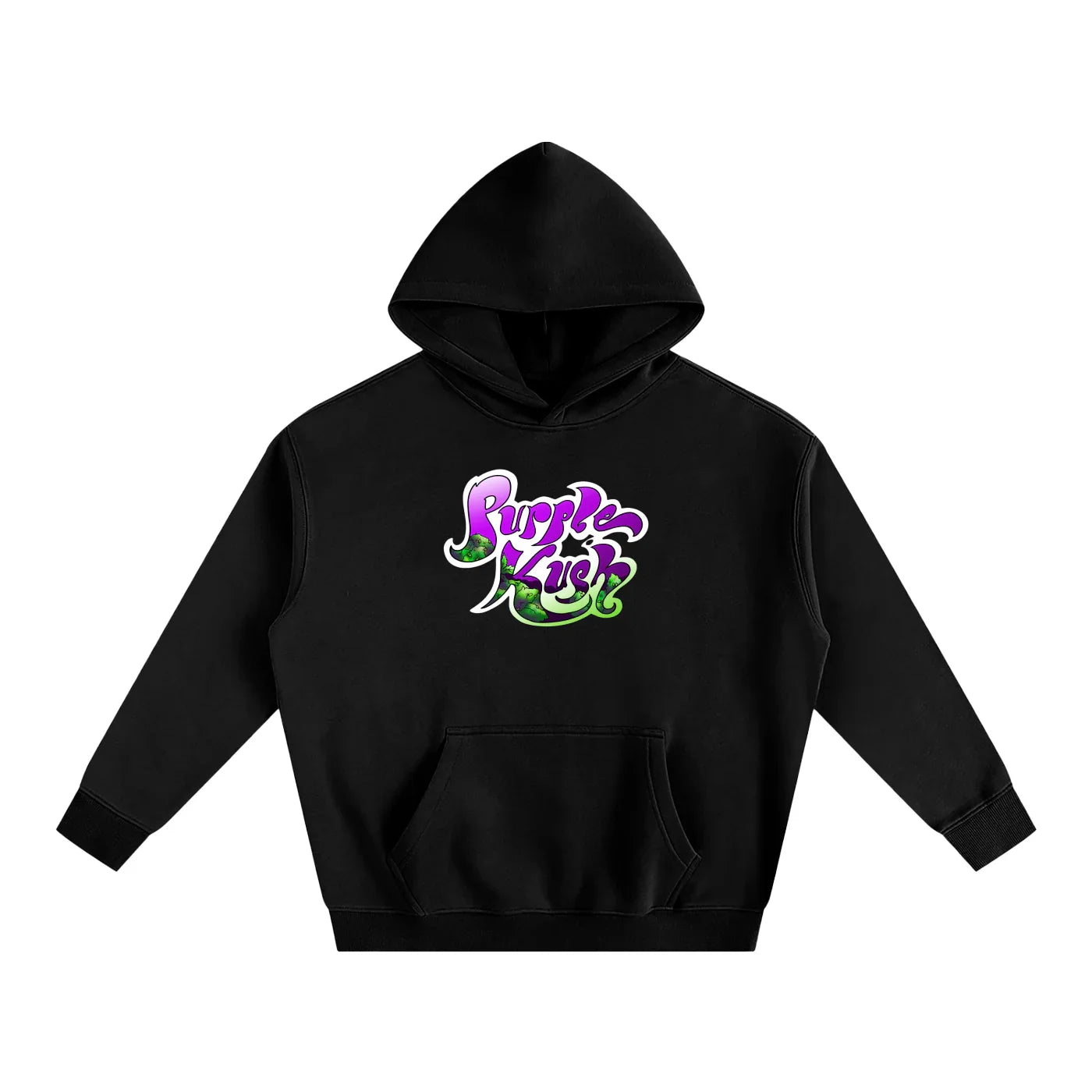 Black hoodie with vibrant purple and green 'Purple Kush' graphic, blending streetwear style with bold design.