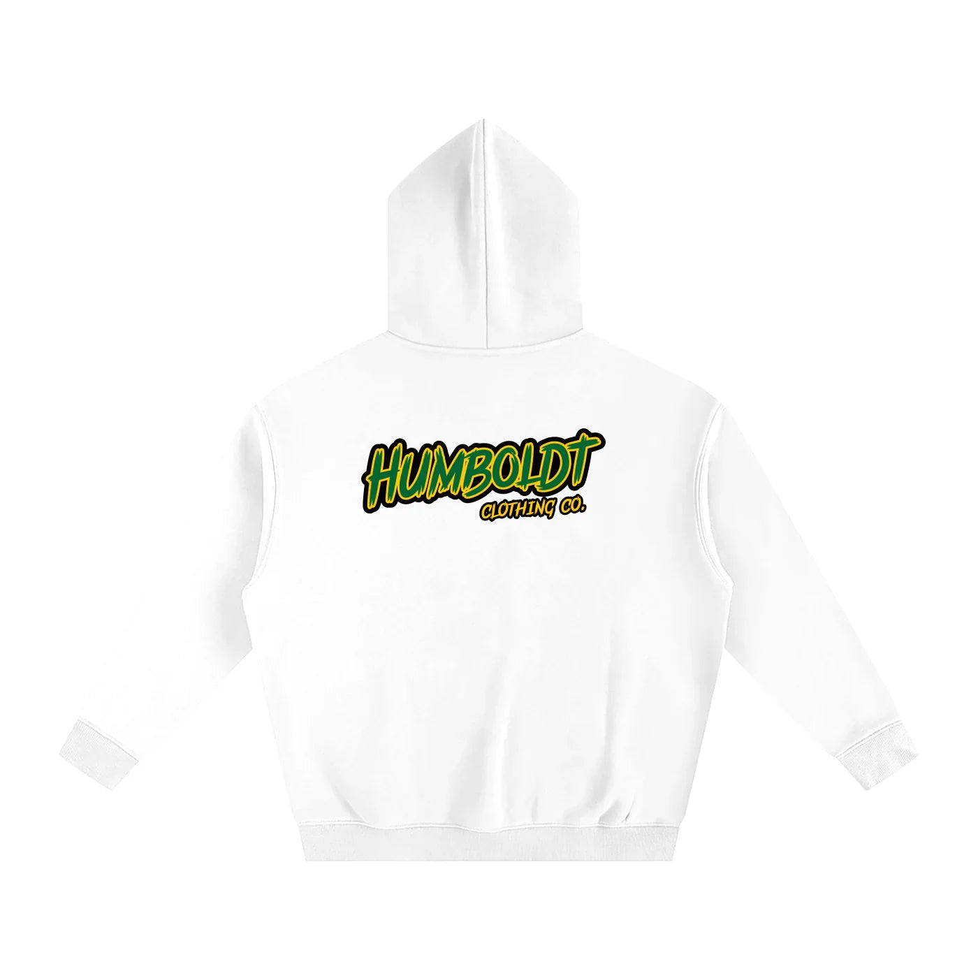 White hoodie with Humboldt Clothing Co. logo in green and yellow, back view