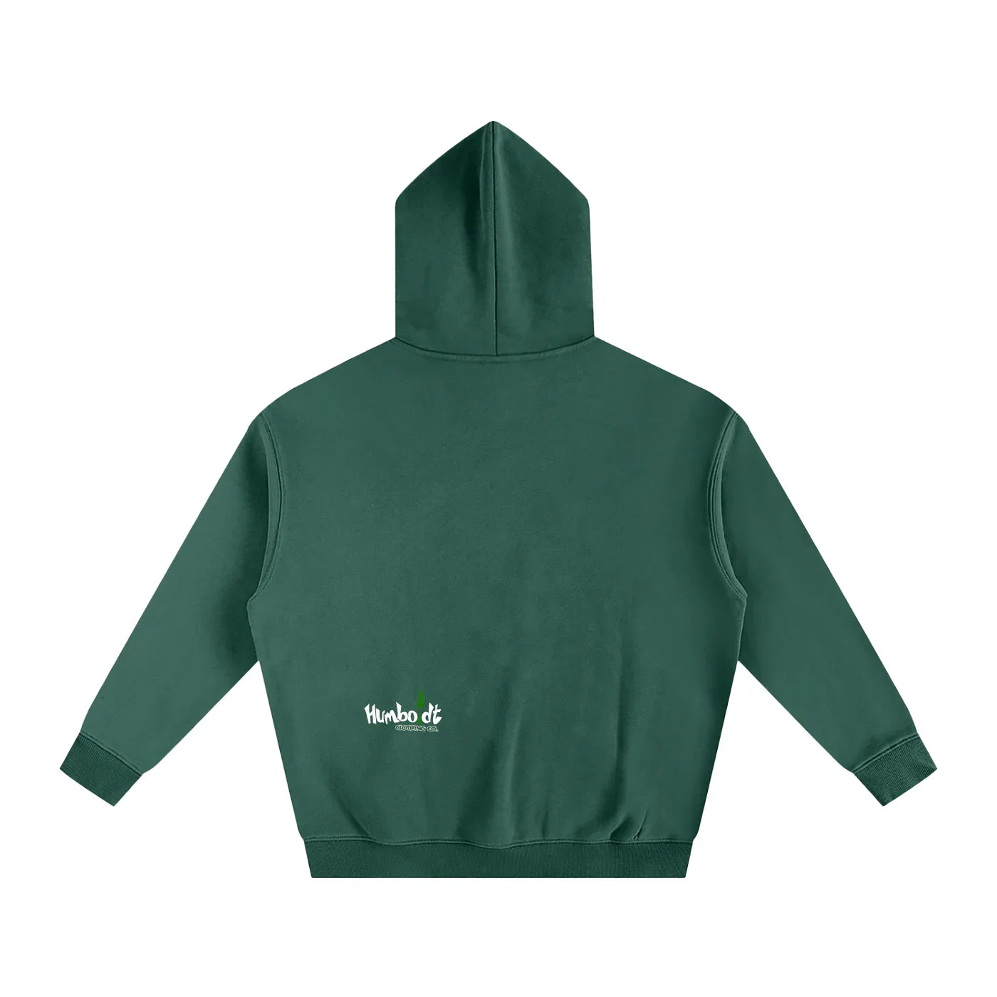 Dark green hooded sweatshirt with small white logo on back, blending outdoor and streetwear style
