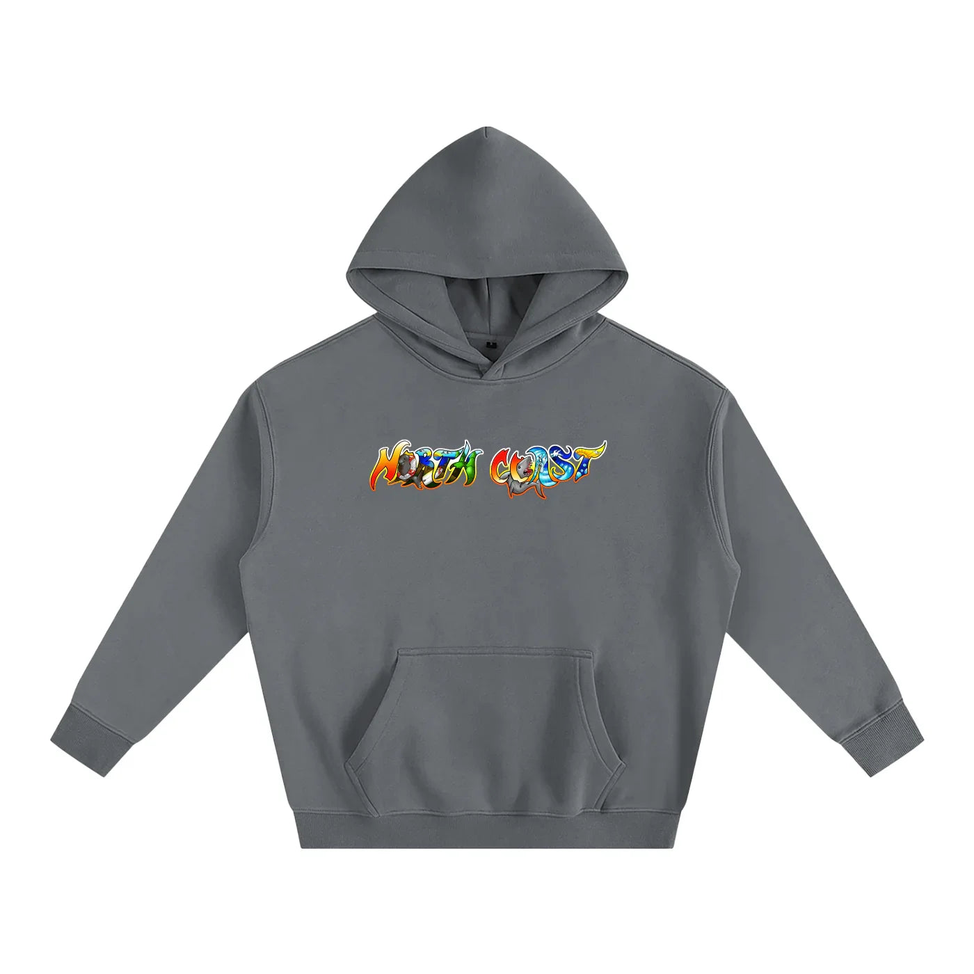 Gray hoodie with colorful North Coast graphic, blending outdoor and streetwear style
