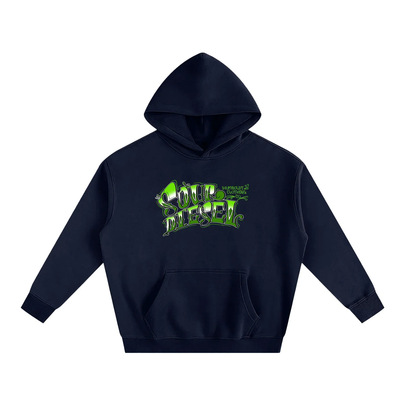 Navy hoodie with green 'Sour Diesel' graphic, Humboldt Clothing Co. design, urban streetwear style