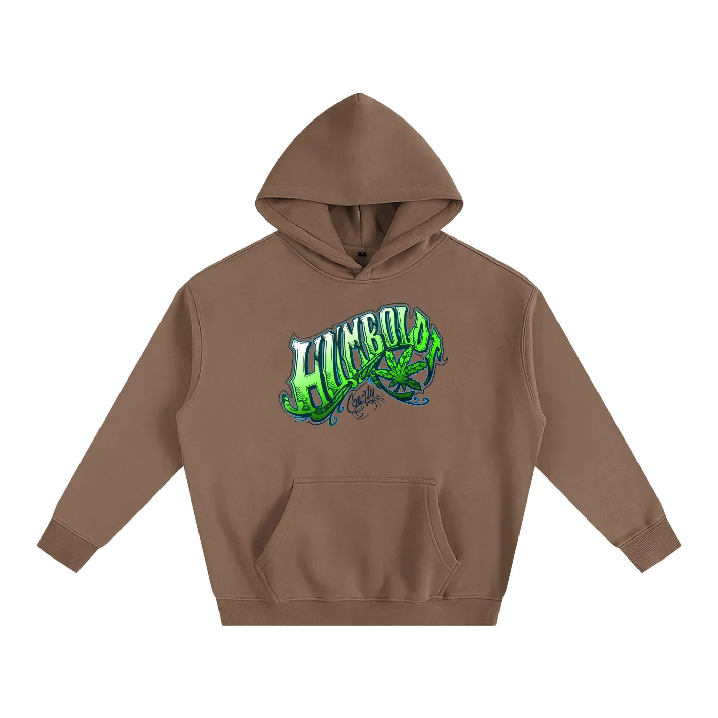 Brown hoodie with green and blue 'Humboldt County text and a blue green leaf design on a white and blue background