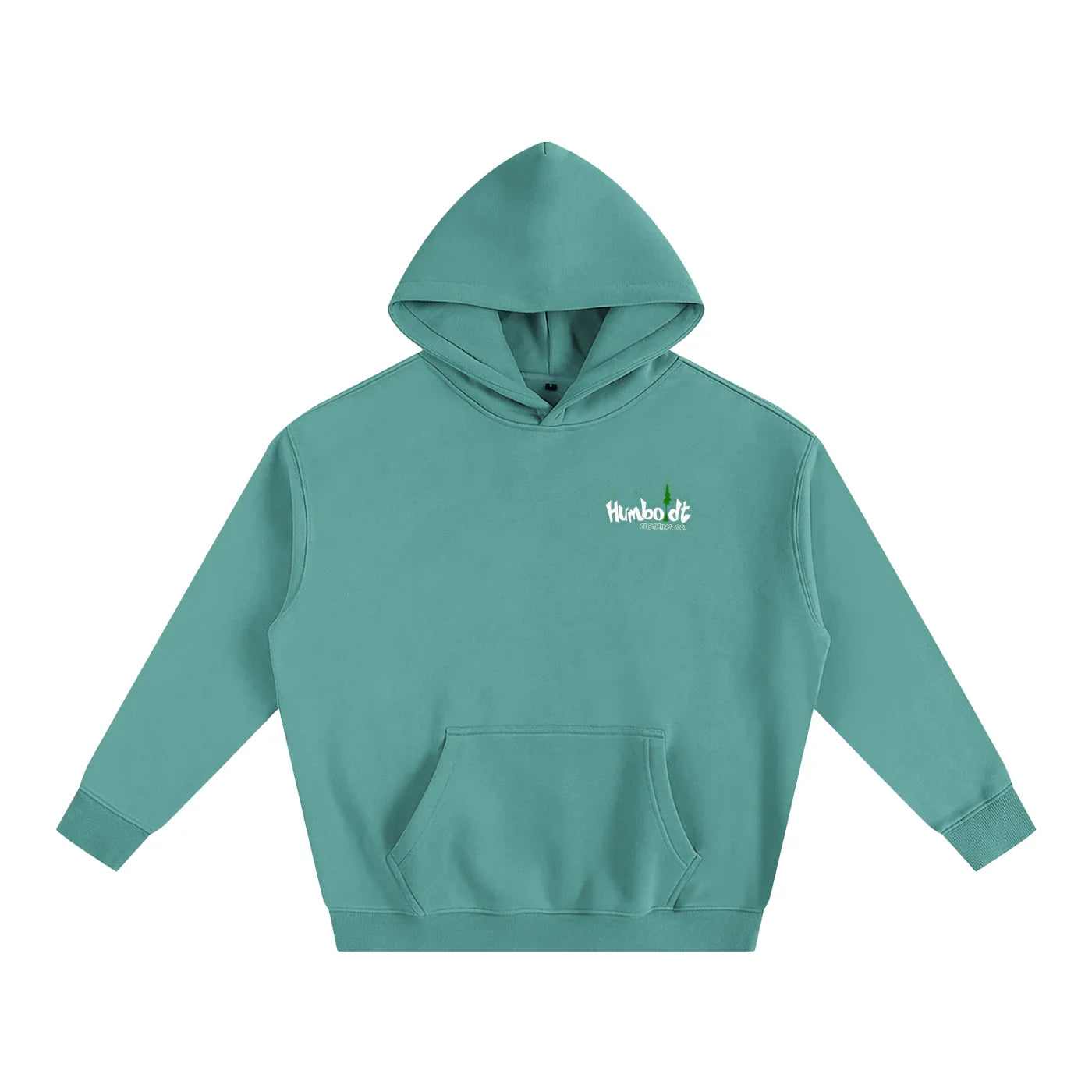 Teal hoodie with small Humboldt logo, blending outdoor style and urban streetwear for Northern California vibes.