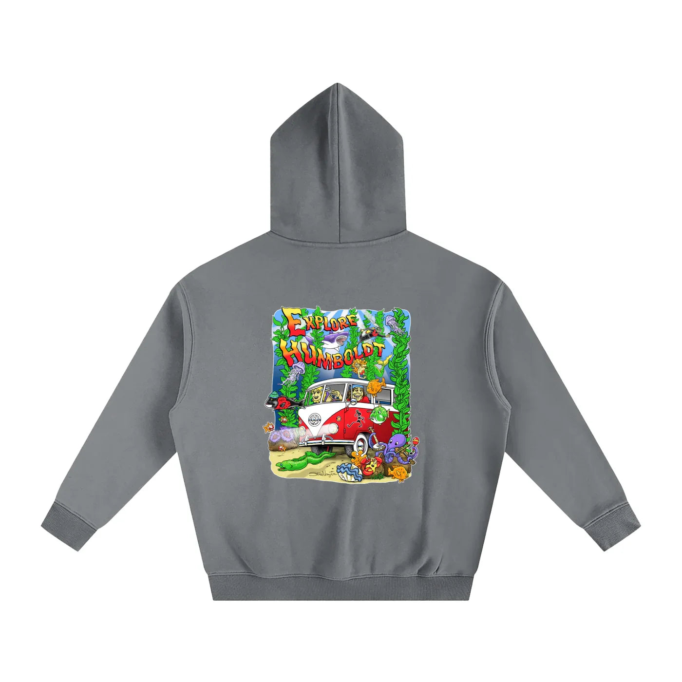 Gray hoodie with 'Explore Humboldt' graphic featuring vintage van, sea creatures, and coastal vibes