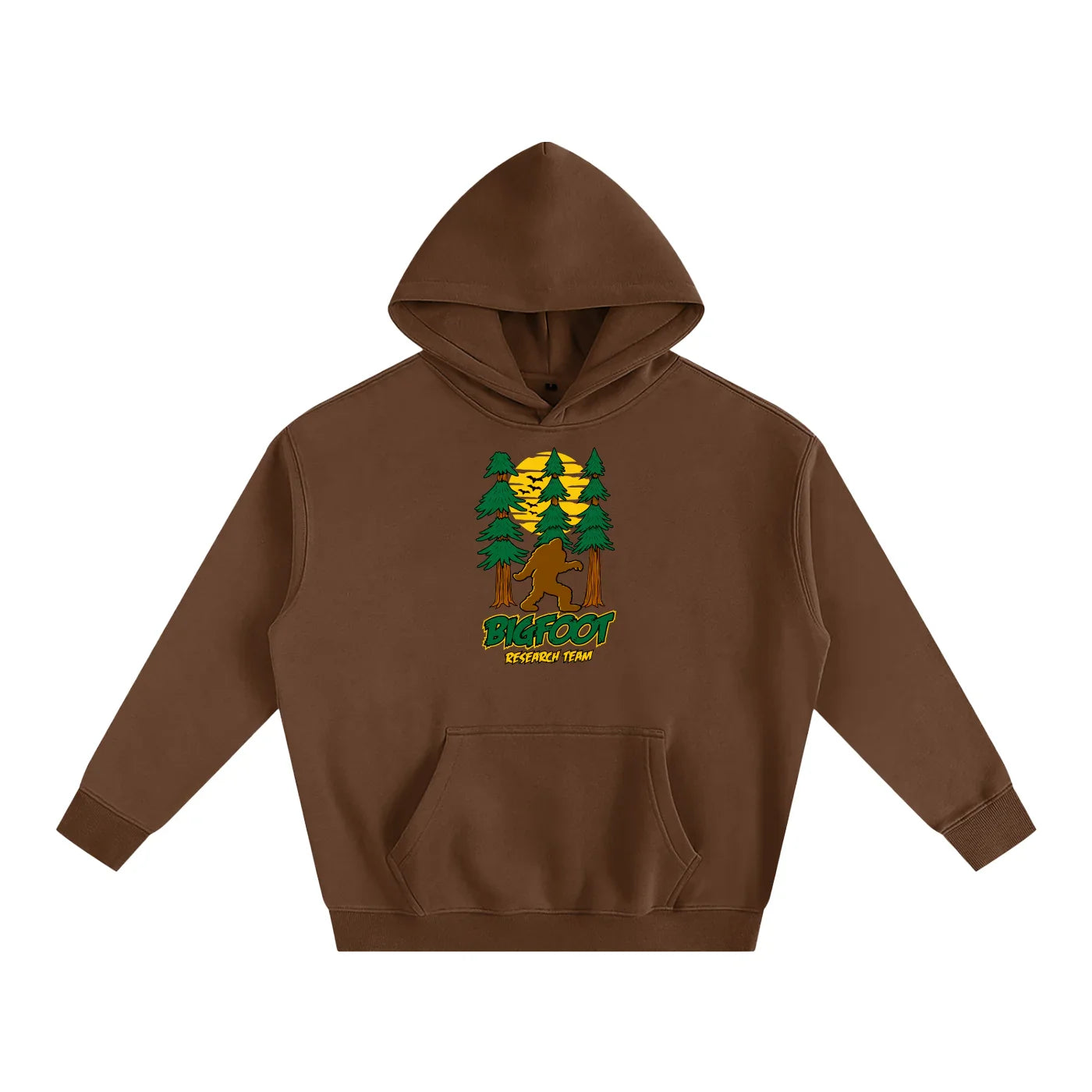 Brown hoodie with Bigfoot in forest graphic, 'Bigfoot Research Team' text, outdoors style apparel