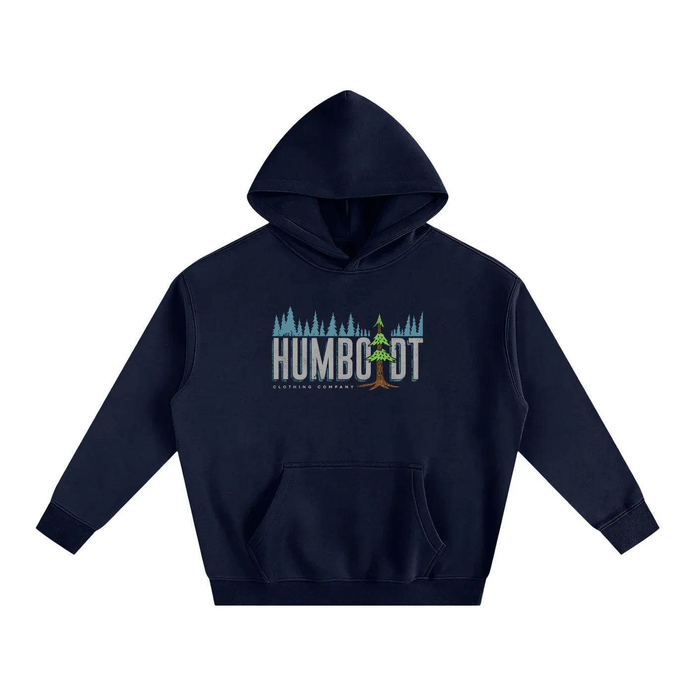 Navy kids hoodie with Humboldt forest graphic, blending outdoor style and streetwear for Northern California vibes.
