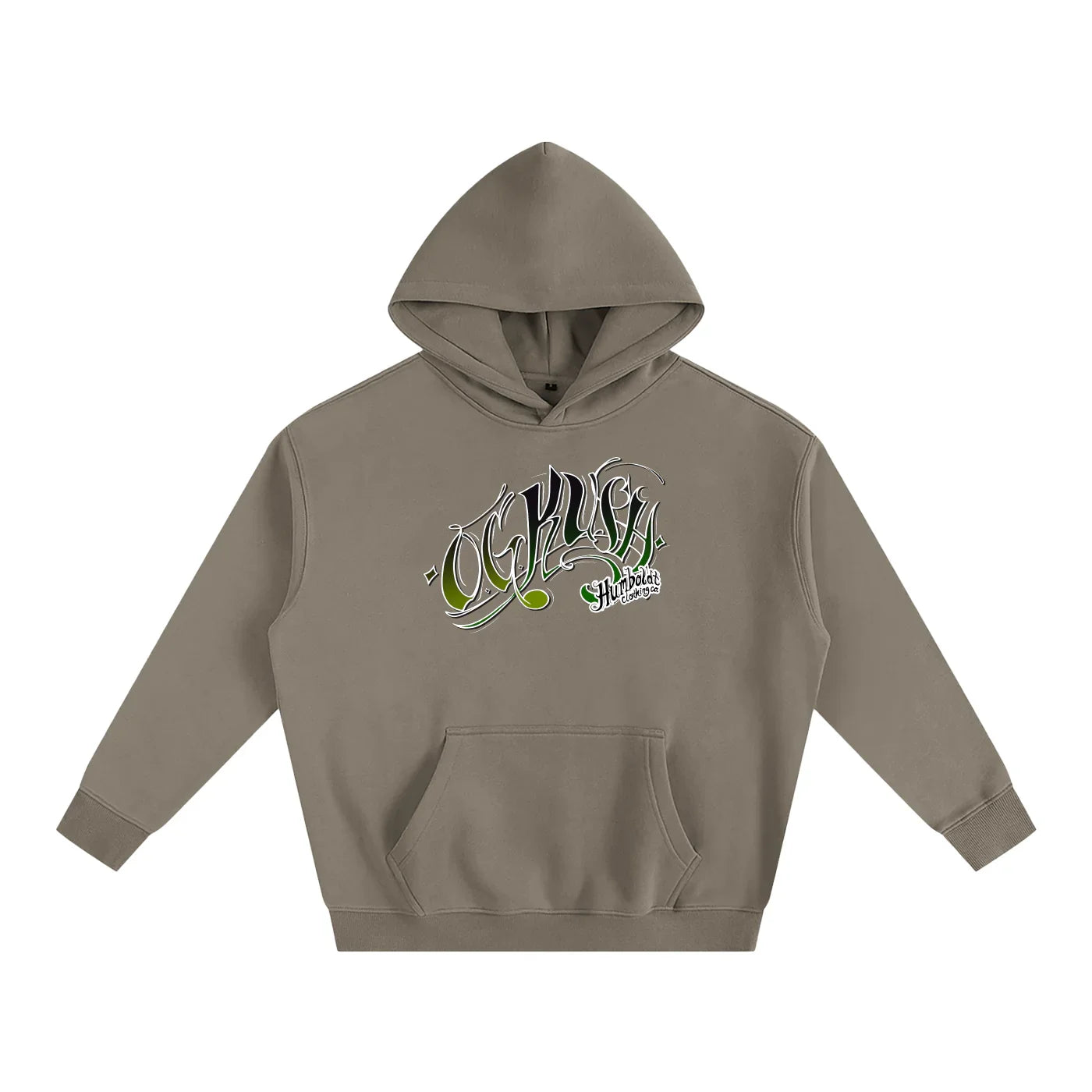 Og Kush graphic hoodie with Humboldt Clothing Co. logo, olive green streetwear pullover