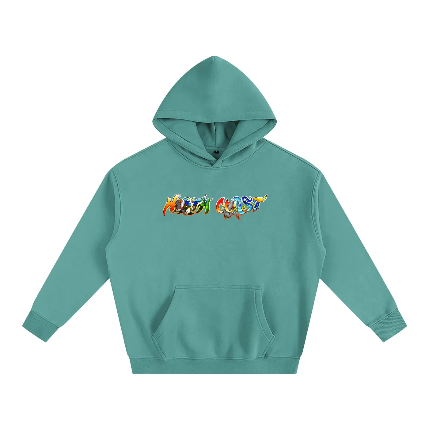 Teal hoodie with colorful 'North Coast' graphic, blending outdoor and streetwear style