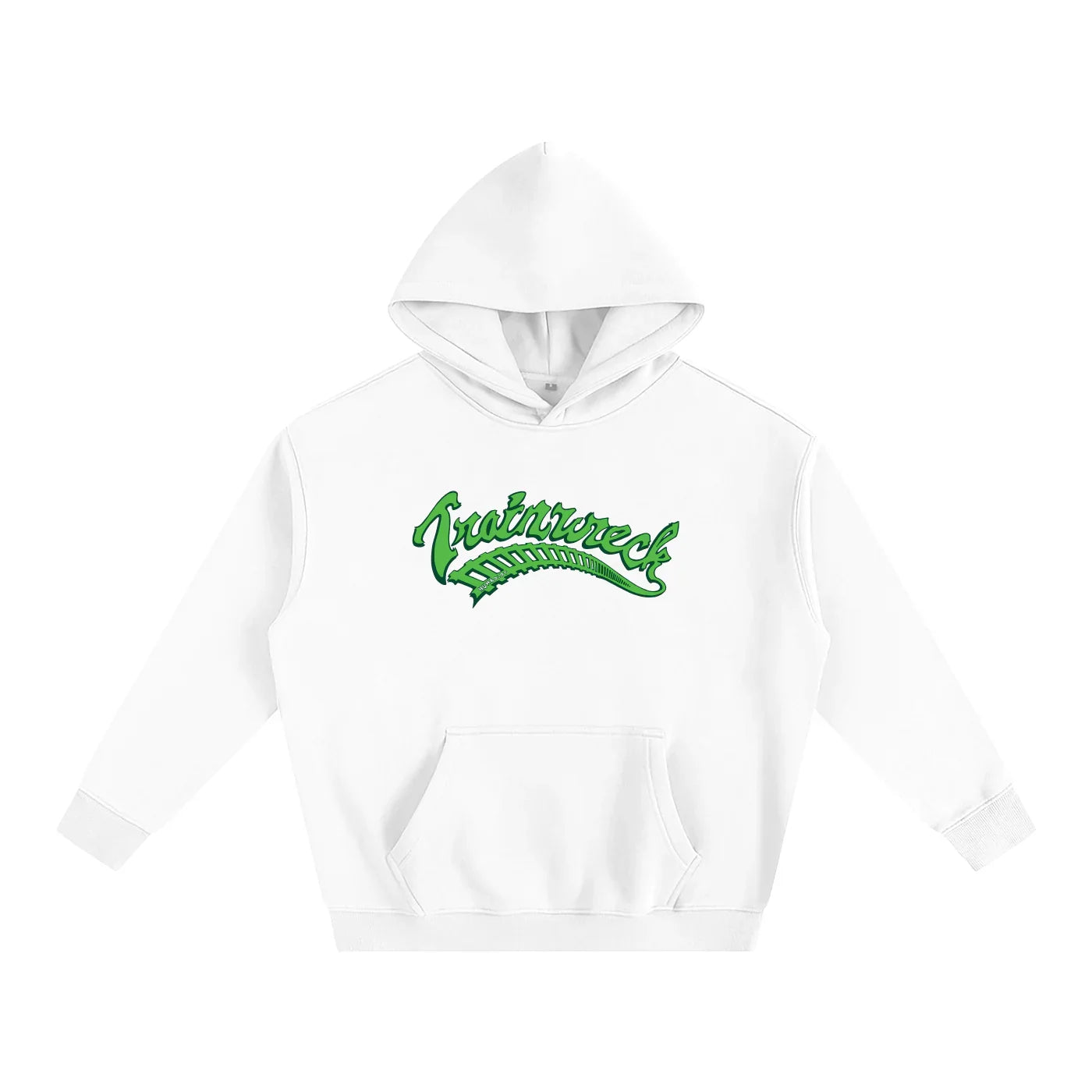 White hoodie with green 'Trainwreck' graphic, blending streetwear style and outdoor vibes