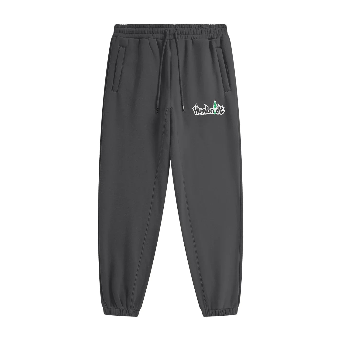Dark gray joggers with Humboldt logo, featuring drawstring waist and side pockets for casual comfort.