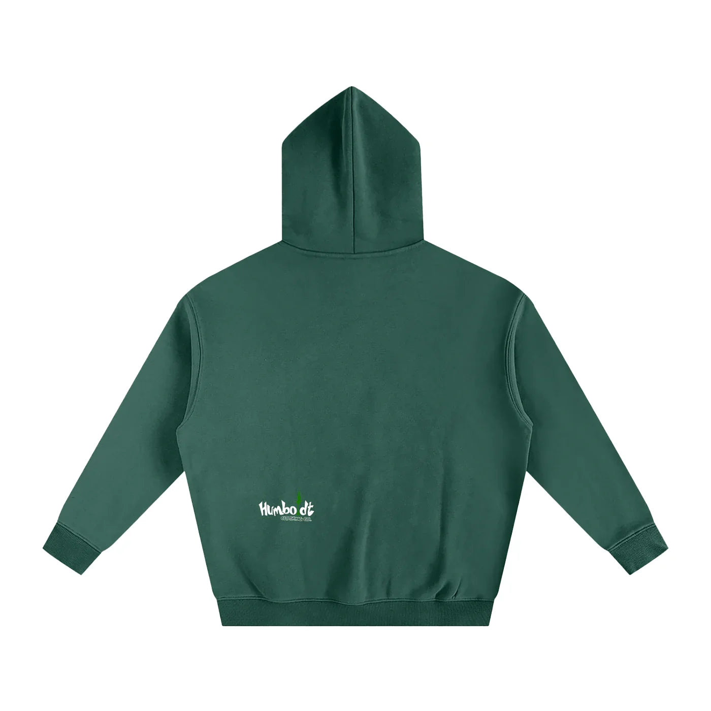 Dark green hooded sweatshirt with small white logo on back, blending outdoor and streetwear style
