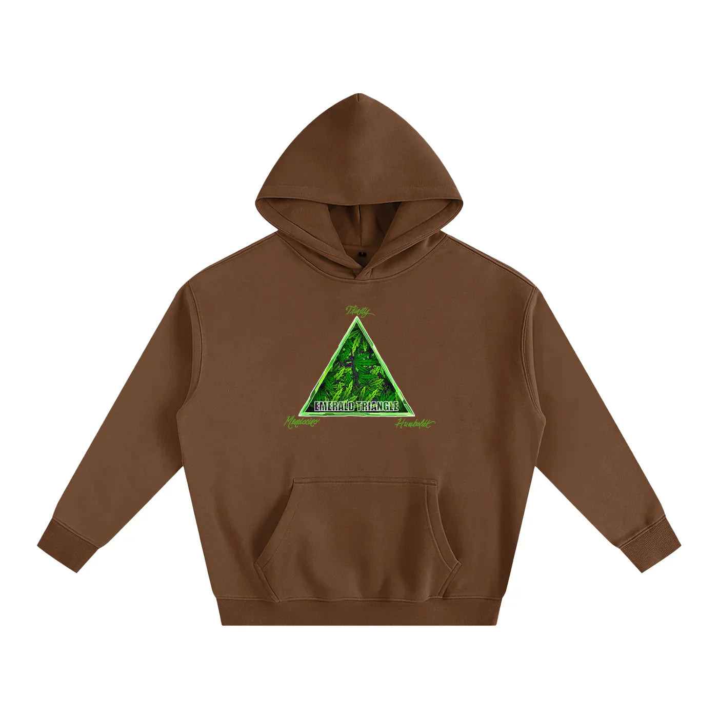Brown hoodie with green Emerald Triangle forest graphic, outdoor streetwear style