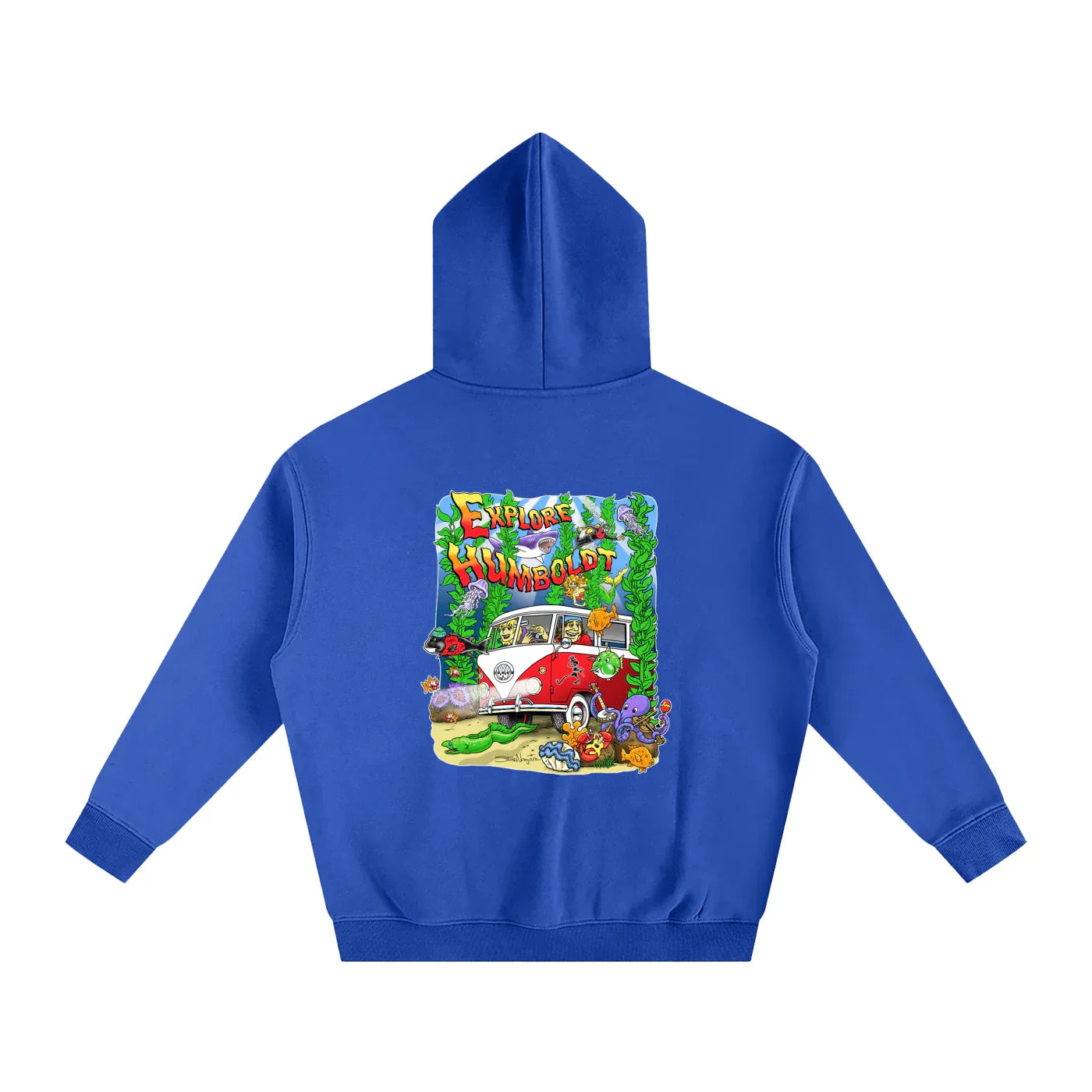 Blue hoodie with 'Explore Humboldt' graphic, vintage van, sea creatures, and coastal art