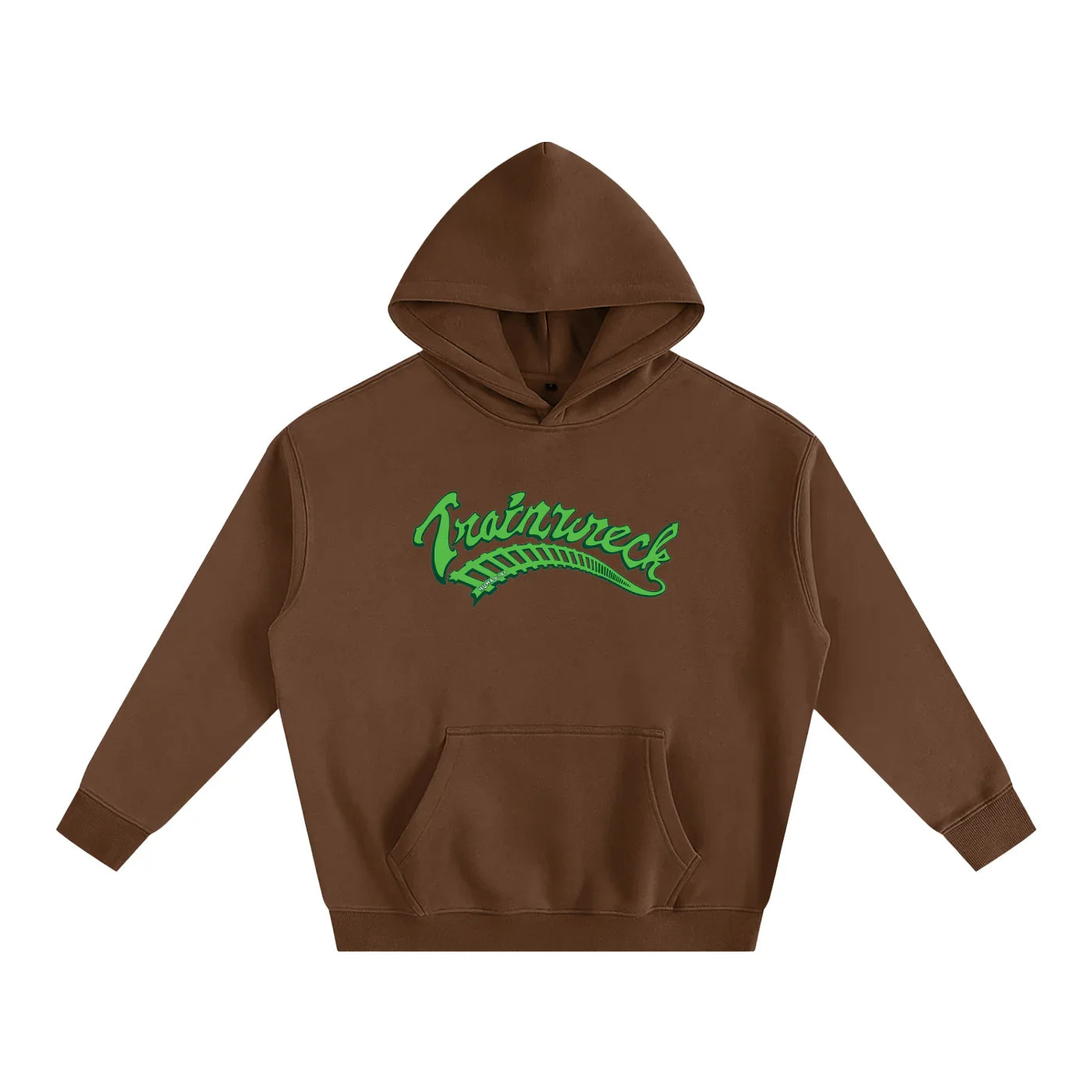 Brown hoodie with green 'Trainwreck' graphic, blending outdoor and streetwear style