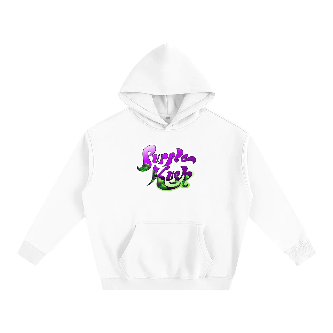 White hoodie with purple and green 'Purple Kush' graphic, stylish streetwear design