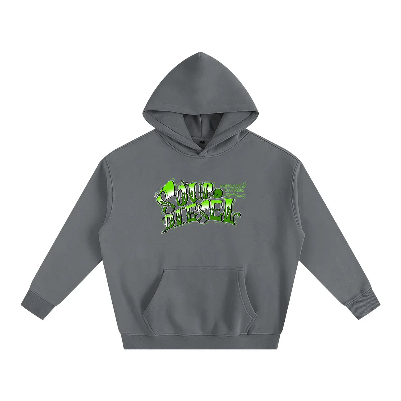 Gray hoodie with green 'Sour Diesel' graphic, Humboldt Clothing Co. design, streetwear style