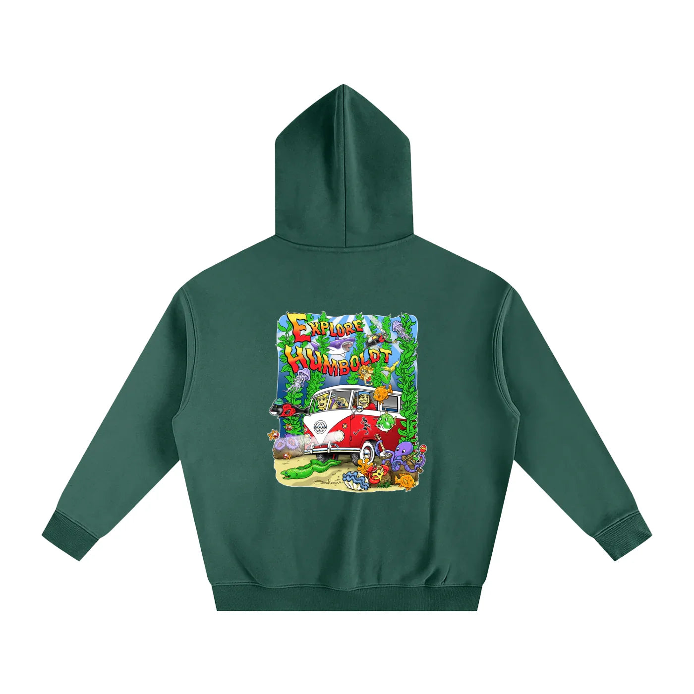 Green hoodie with 'Explore Humboldt' graphic, vintage van, sea creatures, and coastal art for outdoor streetwear style.