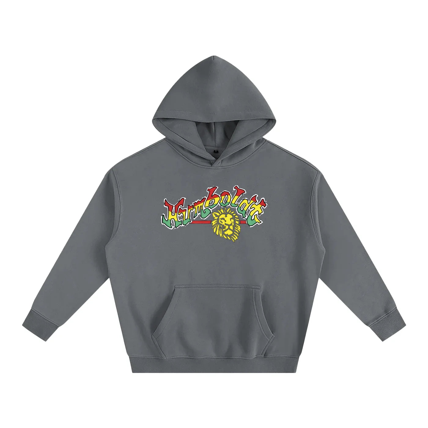 Gray hoodie with colorful Humboldt lion graphic, blending outdoor and streetwear style