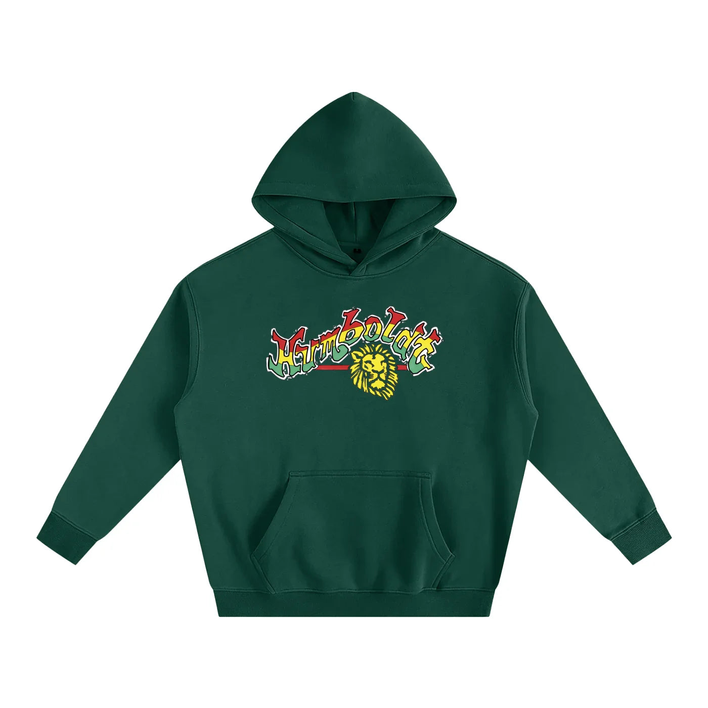 Green hoodie with Humboldt lion graphic, blending outdoor and streetwear style