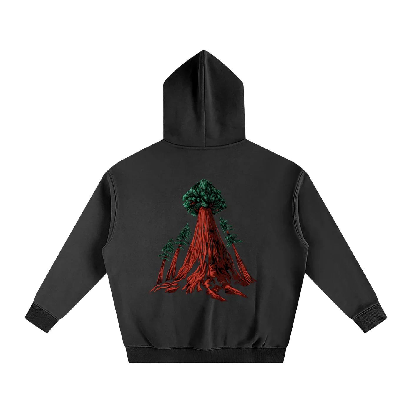 Black hoodie with red tree root graphic, green canopy, and pine trees—outdoor streetwear style.