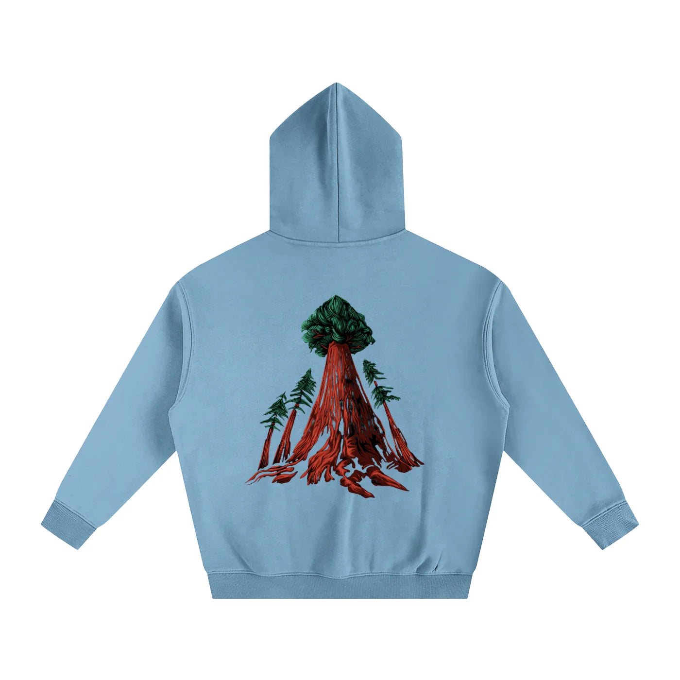 Light blue hoodie with red tree root graphic, blending outdoor and streetwear style