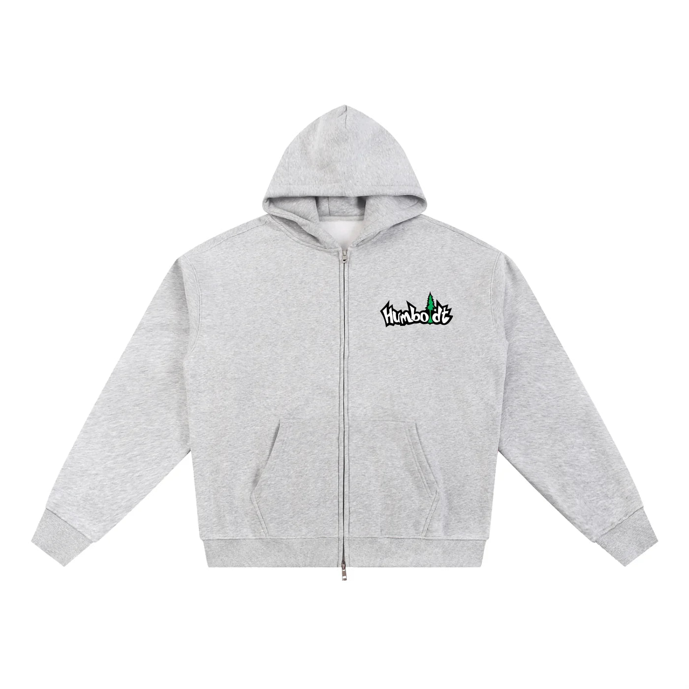 Gray hoodie with a Humboldt Treelogo brand logo on a white background