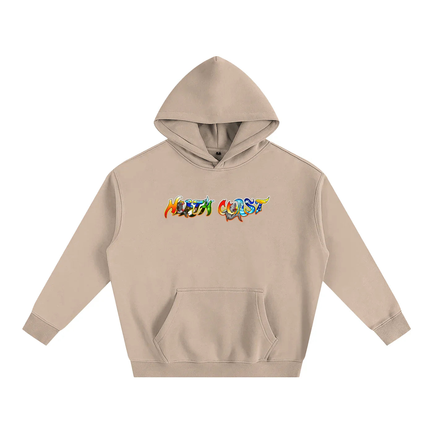 Beige hoodie with colorful 'North Coast' graphic, blending outdoor and streetwear style