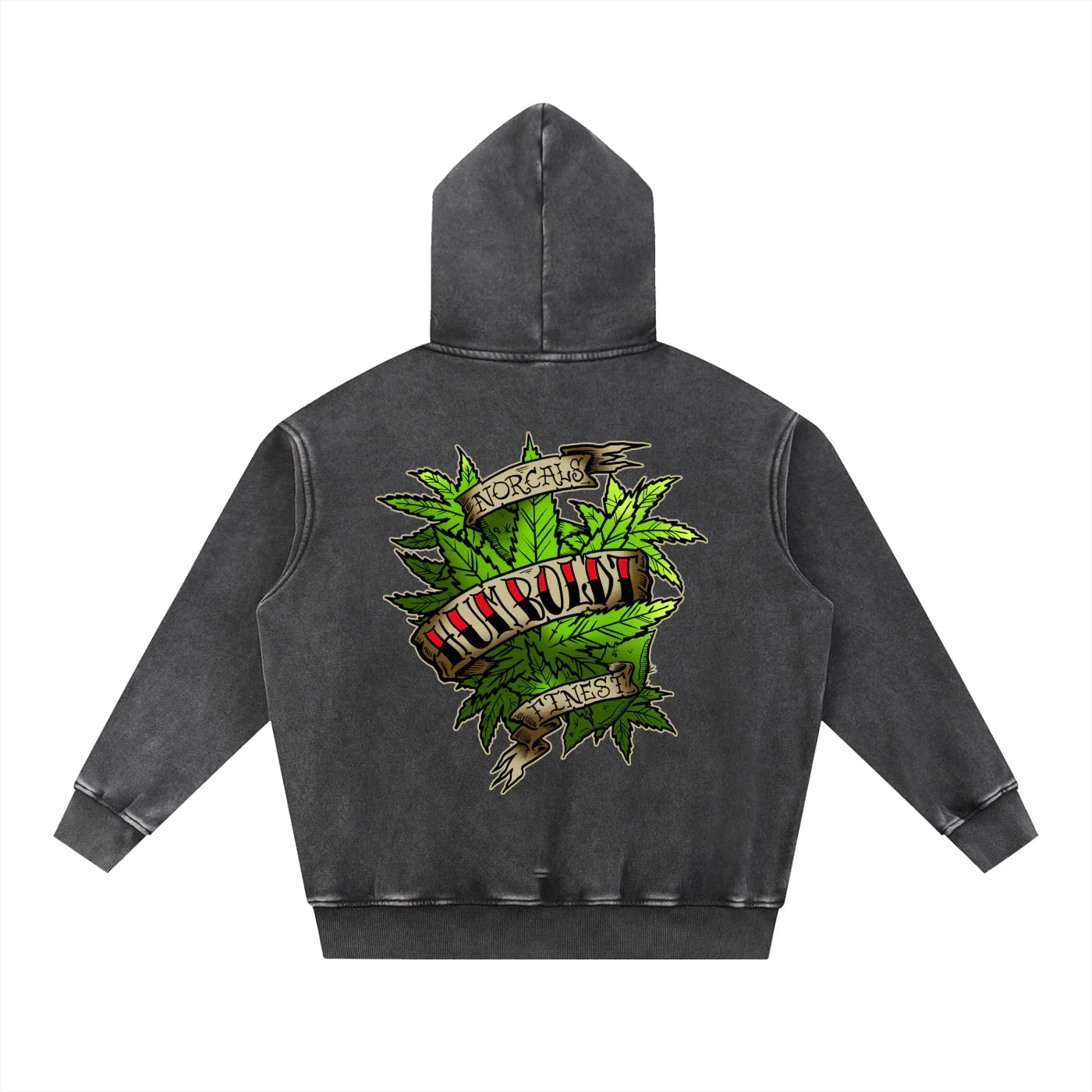 Dark gray washed hoodie with a graphic design on the back featuring leaves and text, that says HUMBOLDT Norcals Finest. in a tatooo style writing.