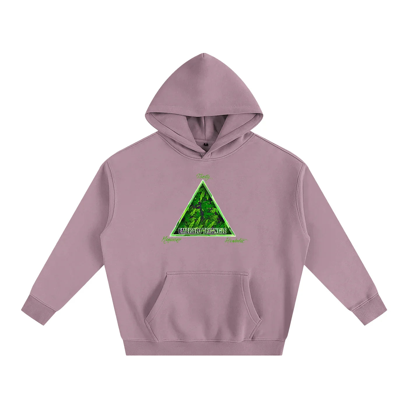 Dusty pink hoodie with green Emerald Triangle forest graphic, blending outdoor and streetwear style.