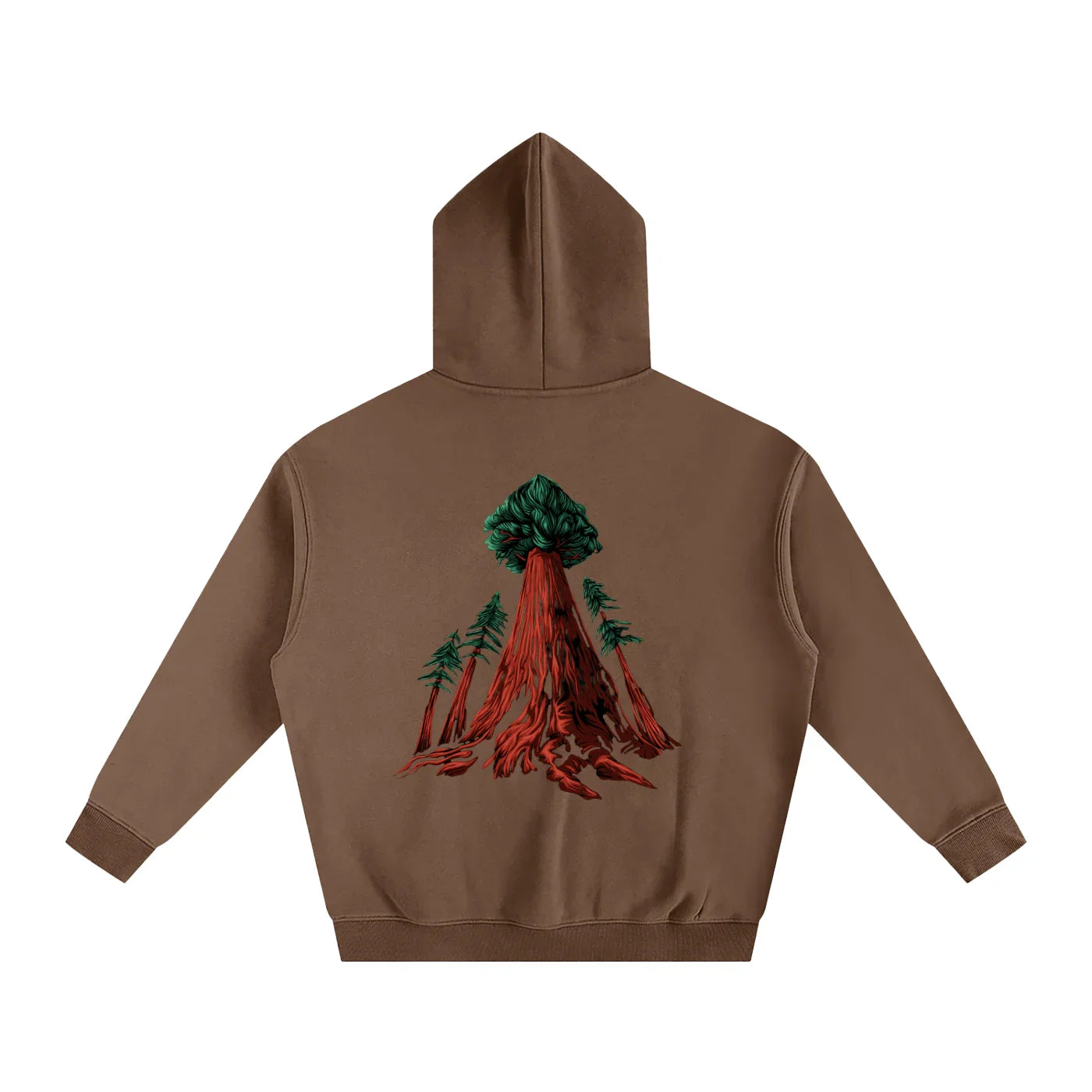 Brown hoodie with red tree root graphic, green forest design, outdoors streetwear style