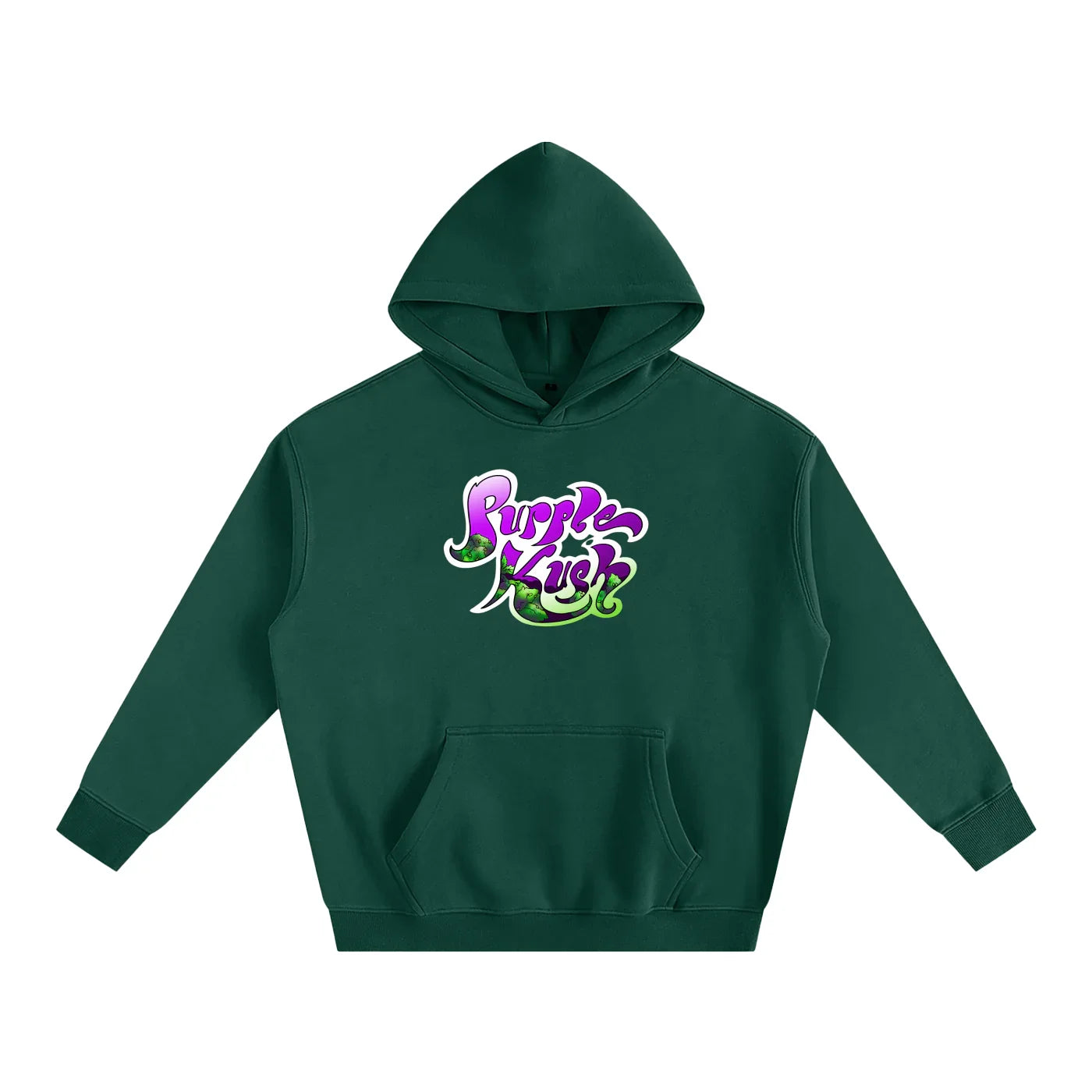 Dark green hoodie with vibrant 'Purple Kush' graphic, blending streetwear style and bold design.
