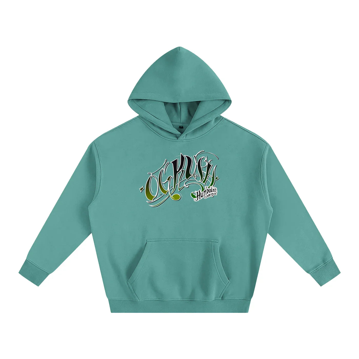 Teal hoodie with 'OG Kush' graphic, Humboldt Clothing Co. design, urban streetwear style