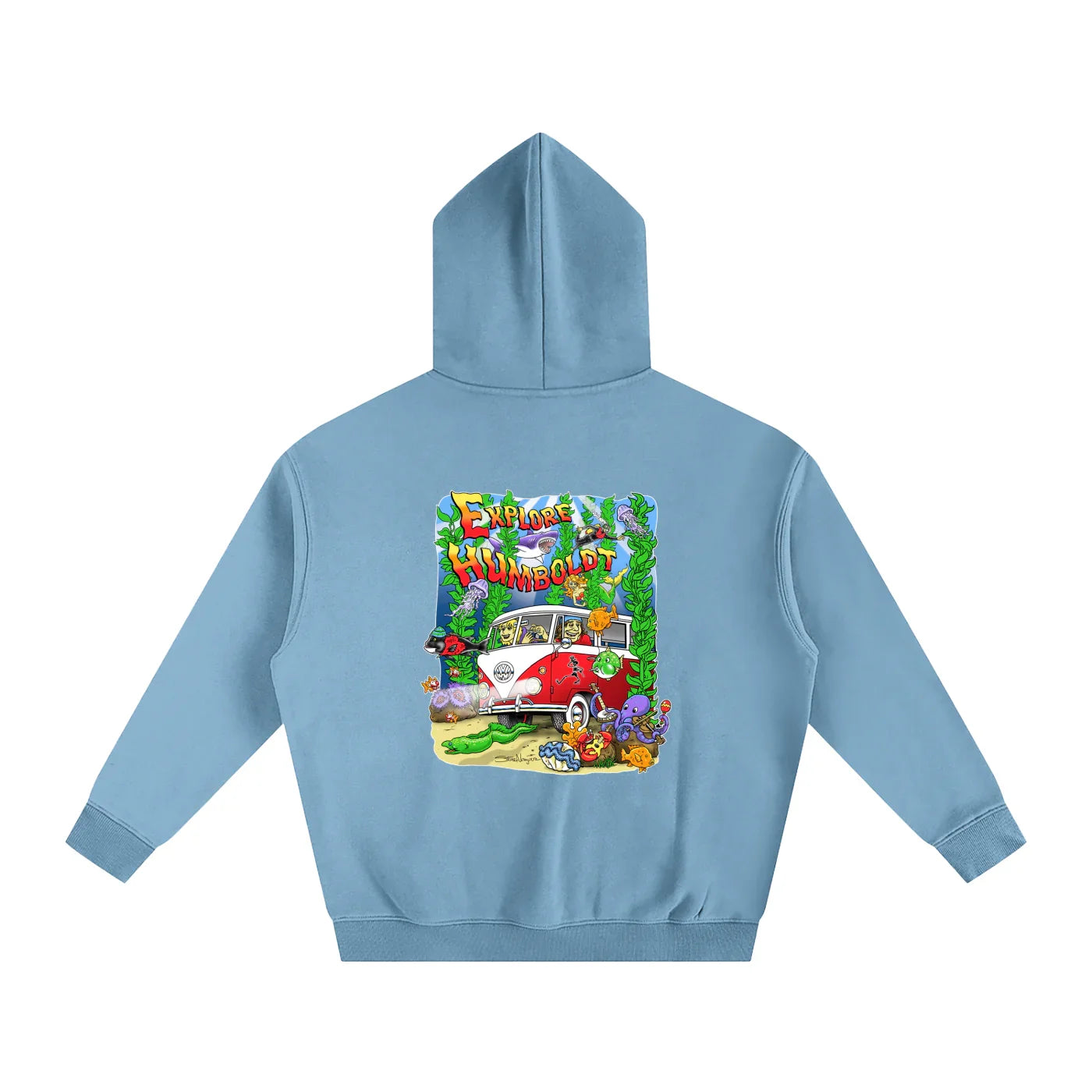 Light blue hoodie with 'Explore Humboldt' graphic featuring vintage van, sea creatures, and coastal vibes
