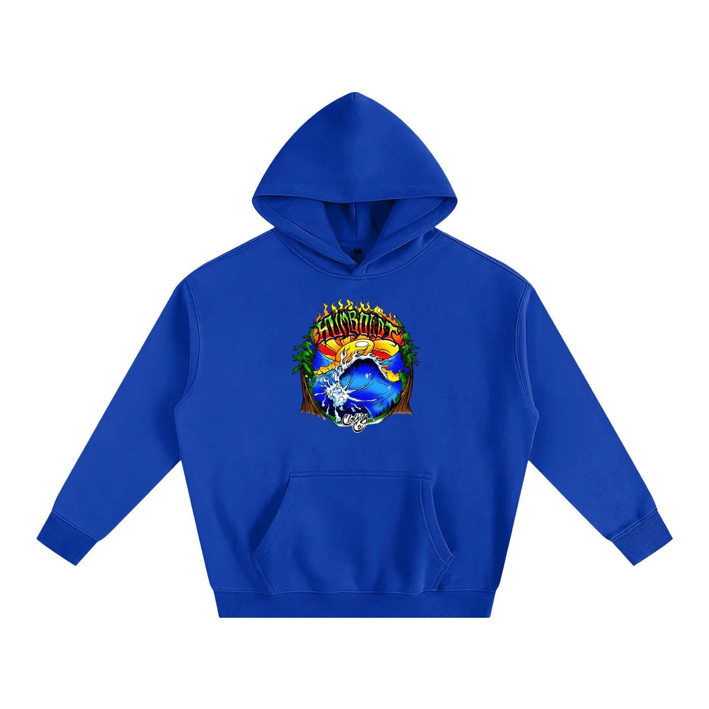 Royal blue hoodie with vibrant Humboldt graphic, blending nature and streetwear style