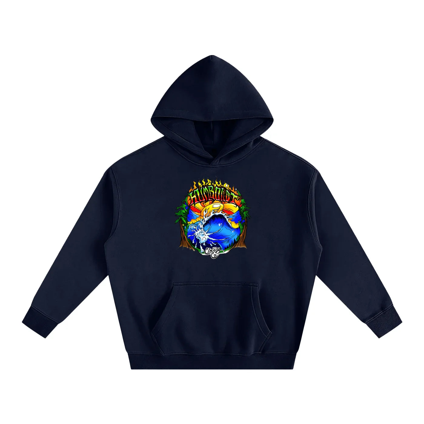 Navy hoodie with vibrant Humboldt graphic, blending nature and urban streetwear style