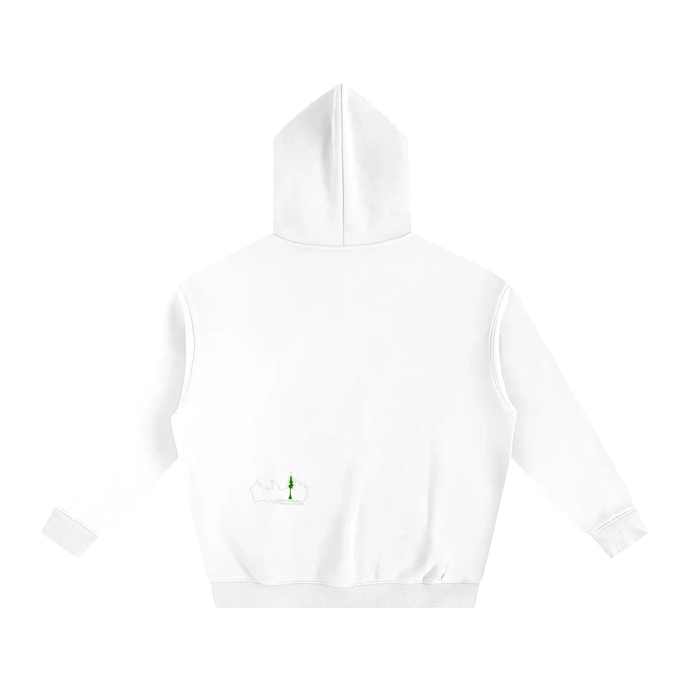 White hoodie with green tree logo on back, blending outdoor style and streetwear fashion