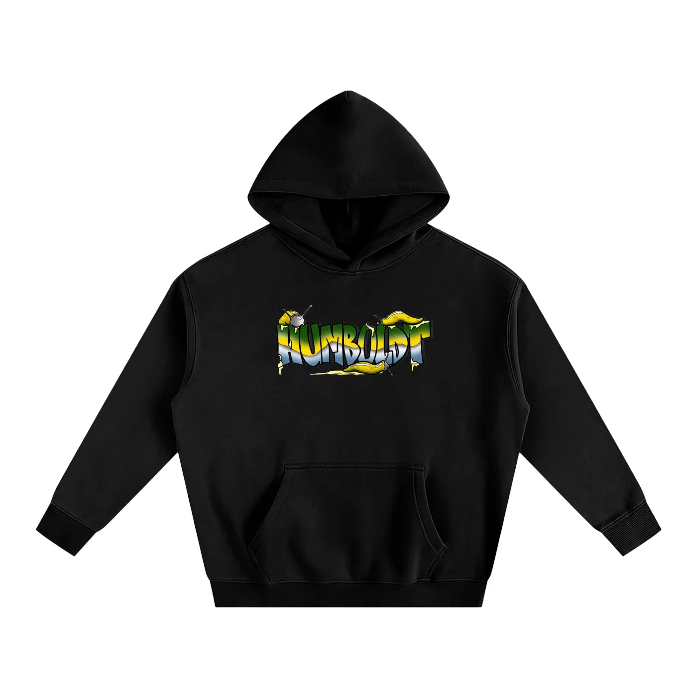 Black hoodie with colorful 'Humboldt' text in green and yellow colors like Cal Poly university. Banana Slugs are in the design and on the letters.