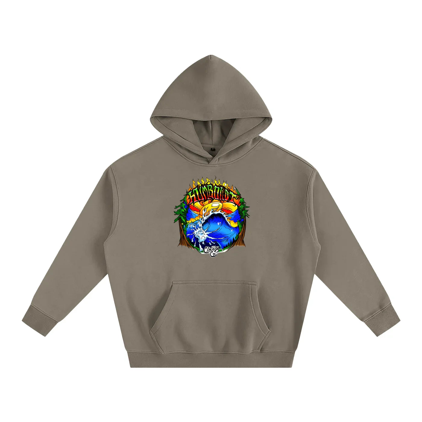 Tan hoodie with vibrant Humboldt graphic, blending nature and streetwear style for outdoor adventures.