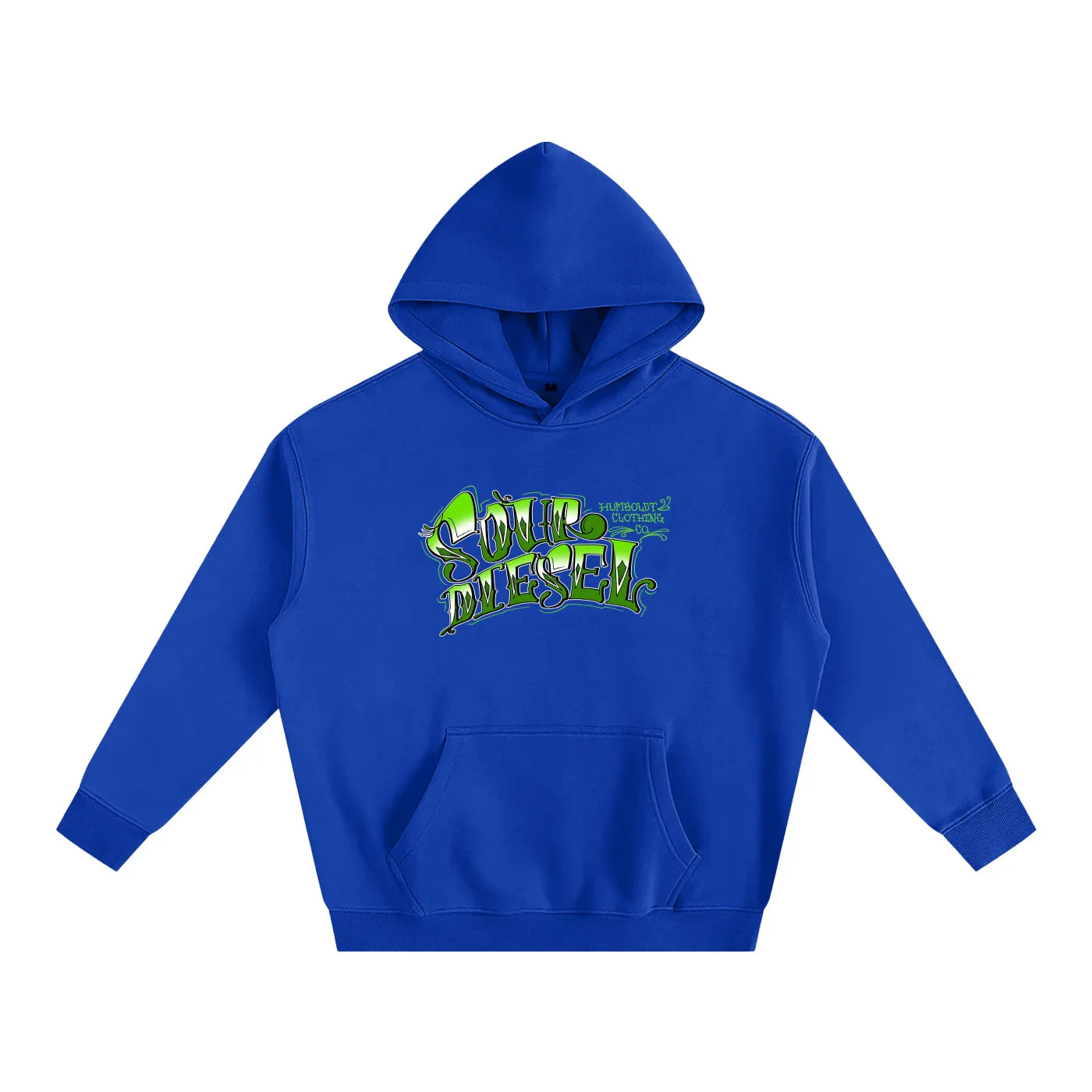 Royal blue hoodie with green 'Soul Diesel' graphic, Humboldt Clothing Co. logo, front pocket, urban streetwear style