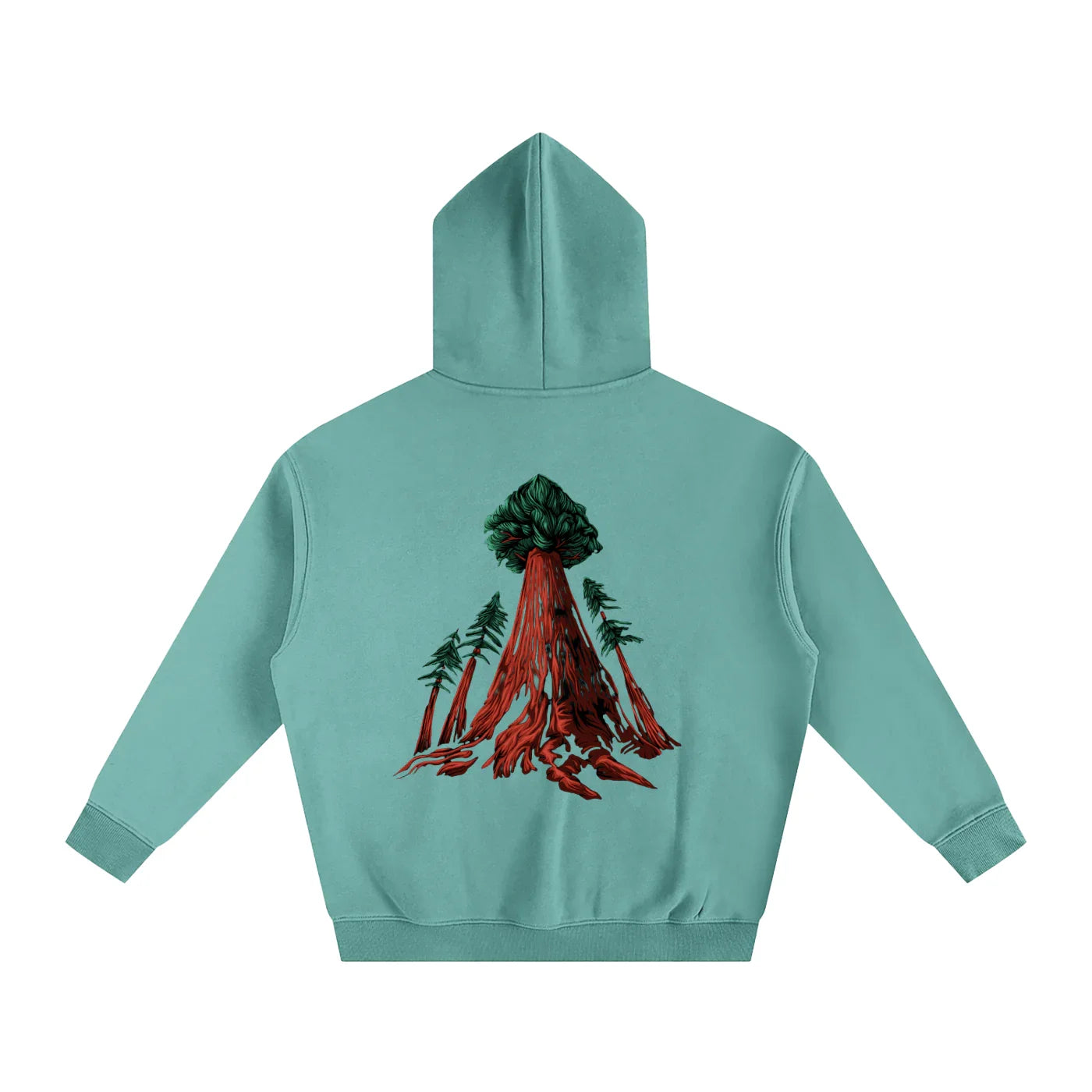 Teal hoodie with red tree root graphic, blending outdoor and streetwear style