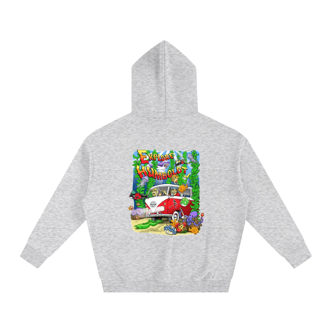 Gray hoodie with 'Explore Humboldt' graphic featuring a VW van, sea creatures, and coastal vibes