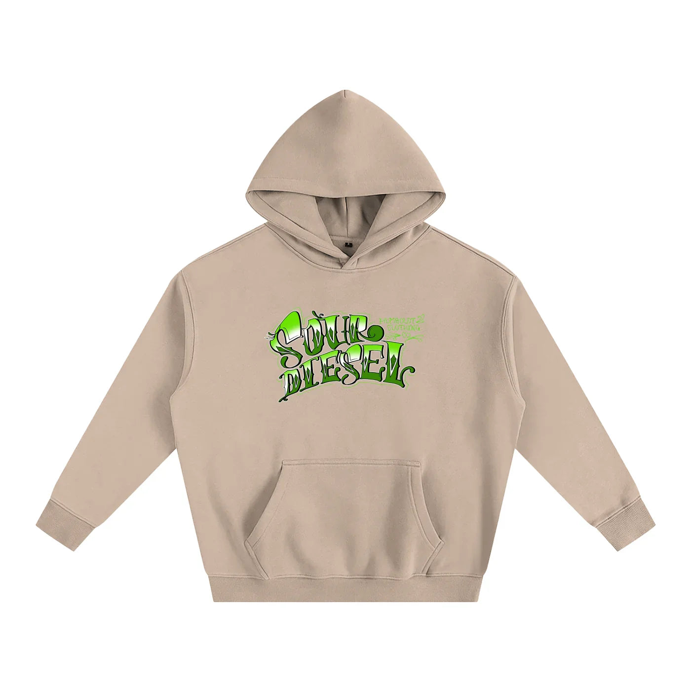 Tan hoodie with green Sour Diesel graphic, streetwear style for outdoors and urban wear