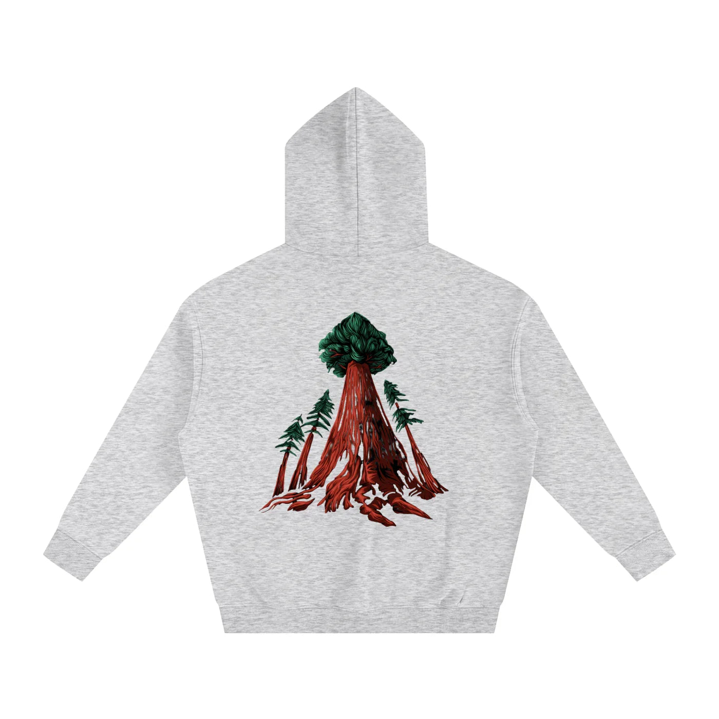 Gray hoodie with redwood tree graphic, blending outdoor nature with streetwear style