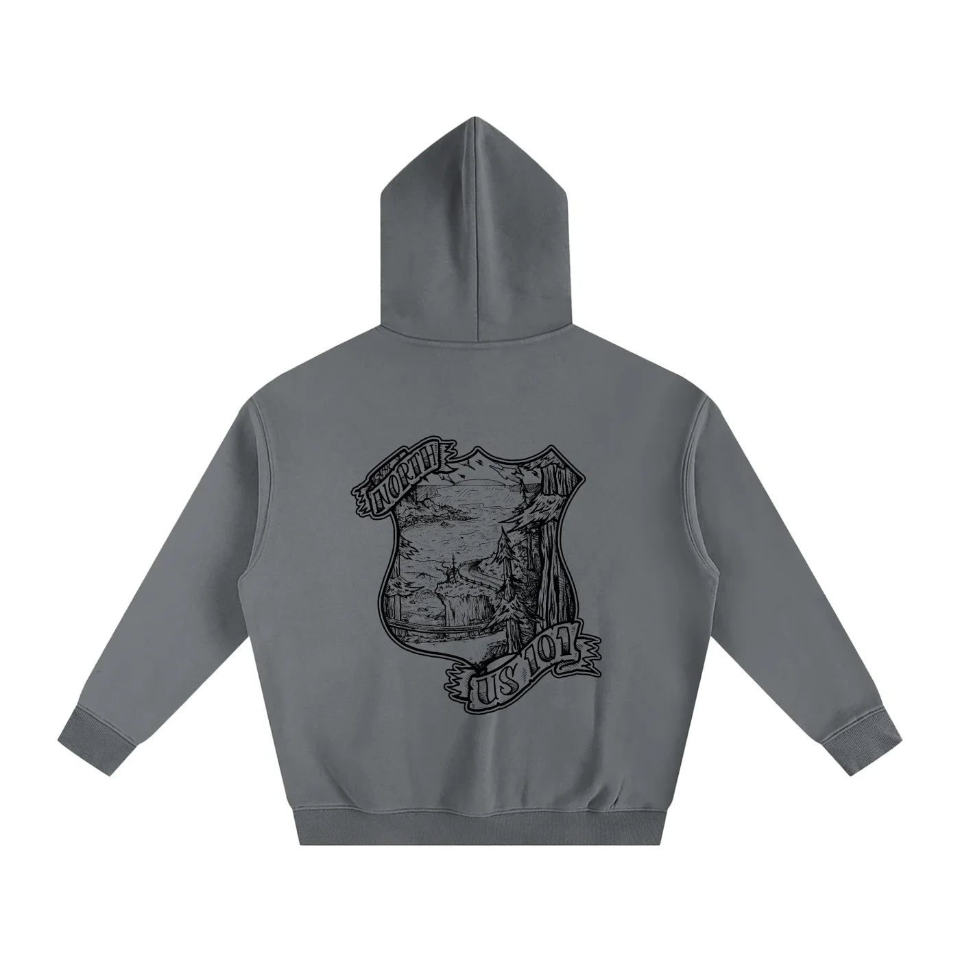 Gray hoodie with a black graphic design that says North US 101 on the back against a white background, with a rocky coastline set in the redwoods