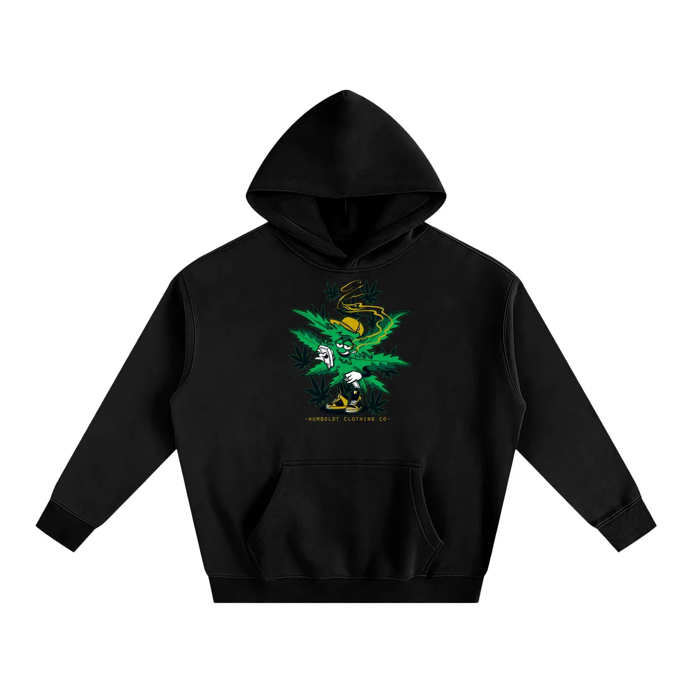 Black hoodie with a graphic design showing a green leaf smoking and wearing a hat. Text says HUMBOLDT CLOTHING CO.