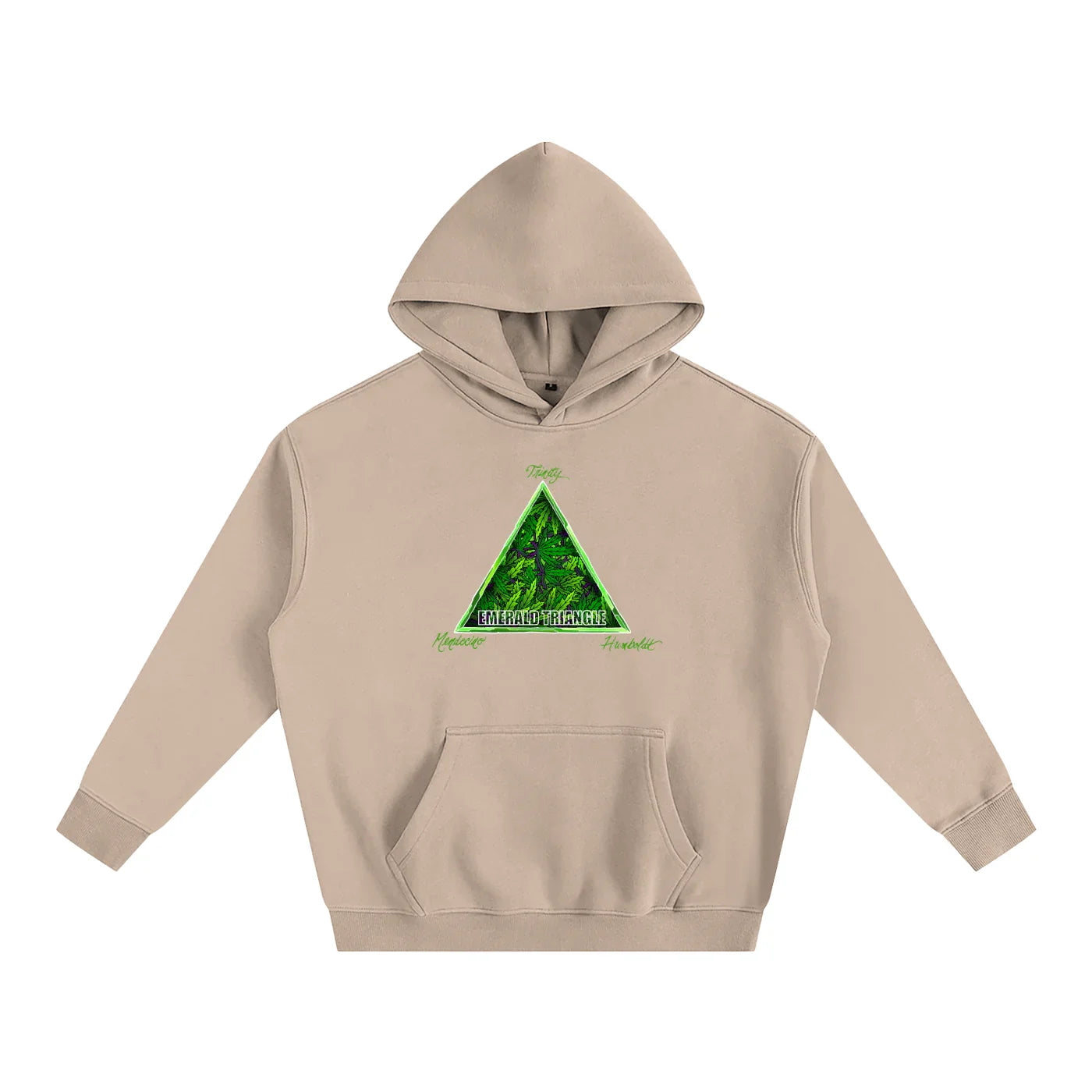 Beige hoodie with green 'Emerald Triangle' forest graphic, blending outdoor and streetwear style.