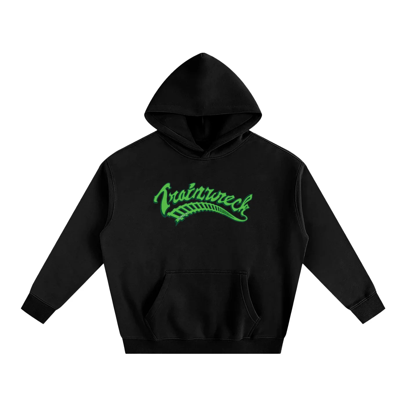 Black hoodie with green 'Trainwreck' graphic, that has traintracks and says Humboldt, design is blending streetwear style and outdoor vibes.