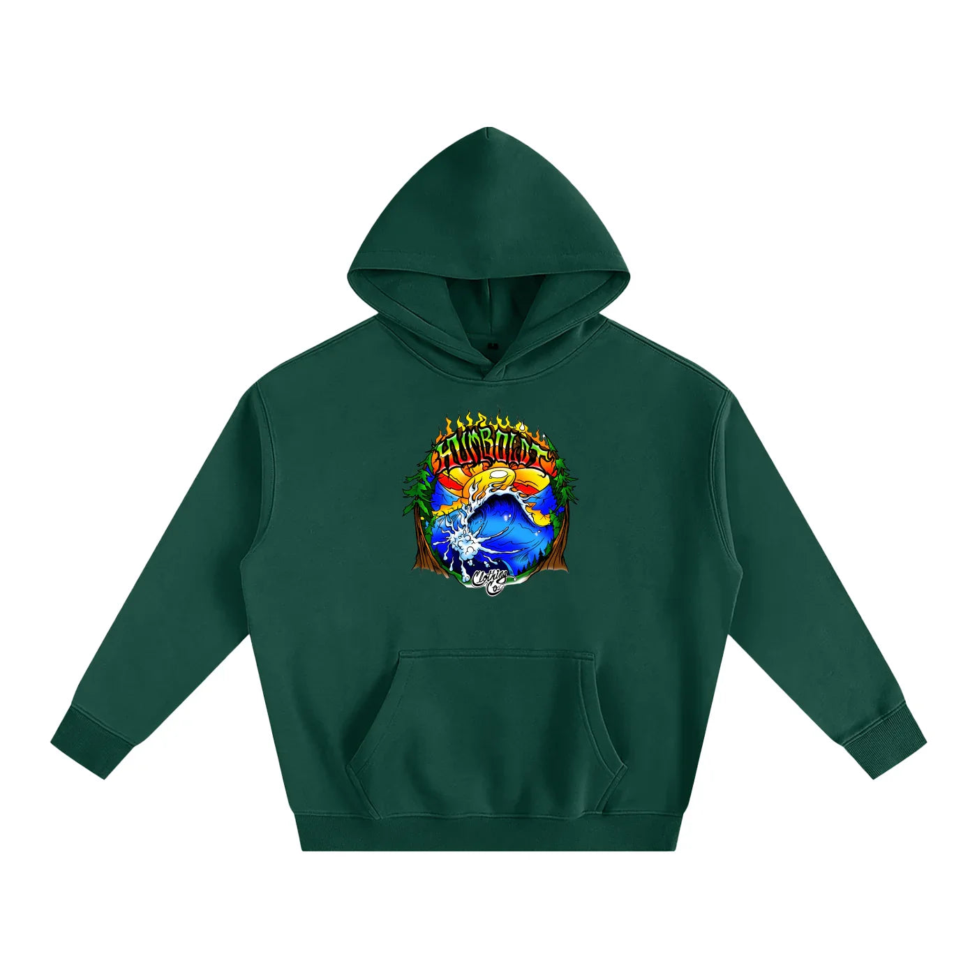 Forest green hoodie with vibrant Humboldt graphic, blending nature and streetwear style for outdoor adventures.