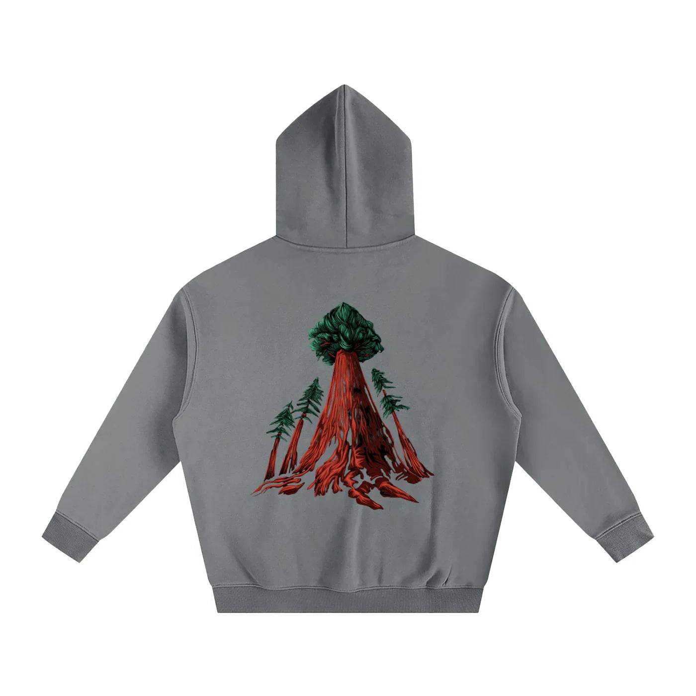 Gray hoodie with red tree root graphic, outdoor style streetwear for Humboldt County vibes