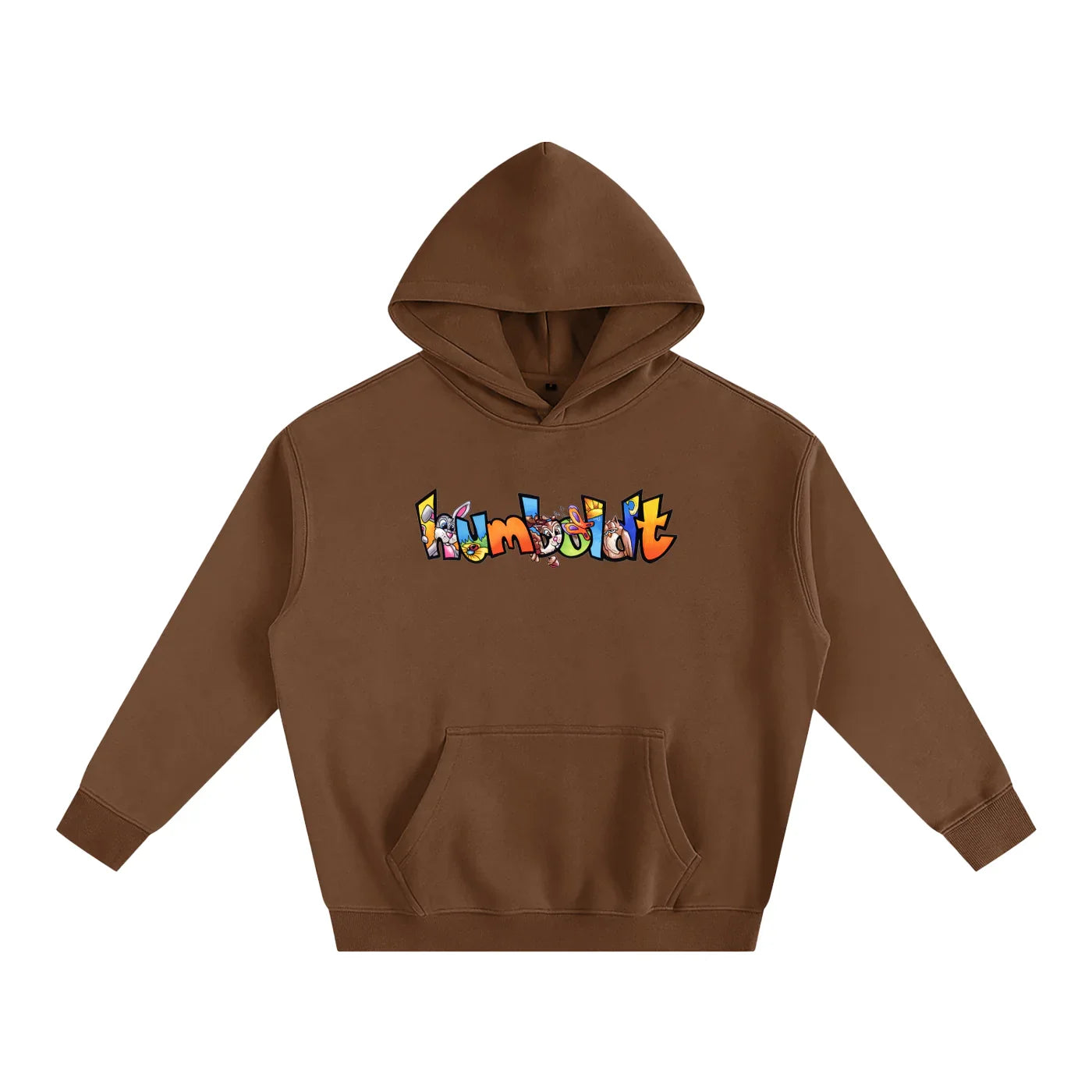 Brown hoodie with colorful Humboldt graphic, blending outdoor and streetwear style